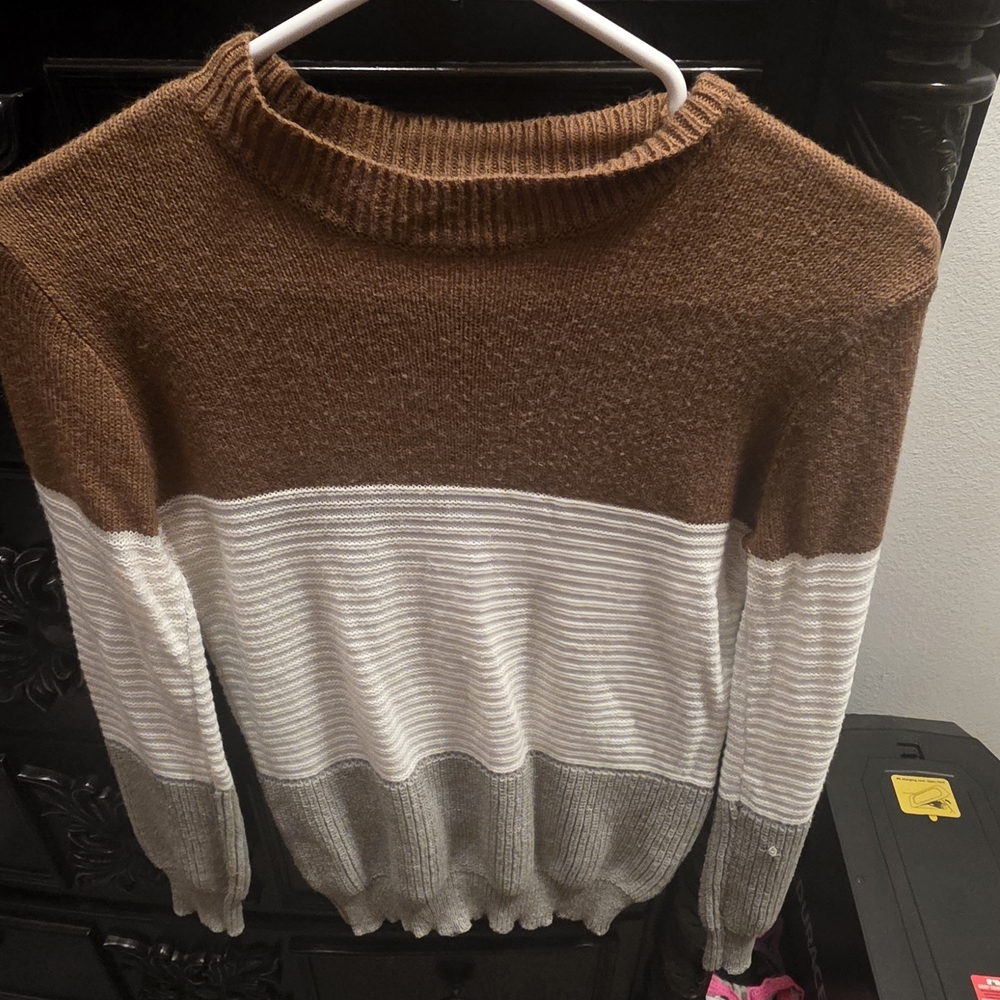 SHEIN Brown, White, and Gray Cowl Neck Sweater